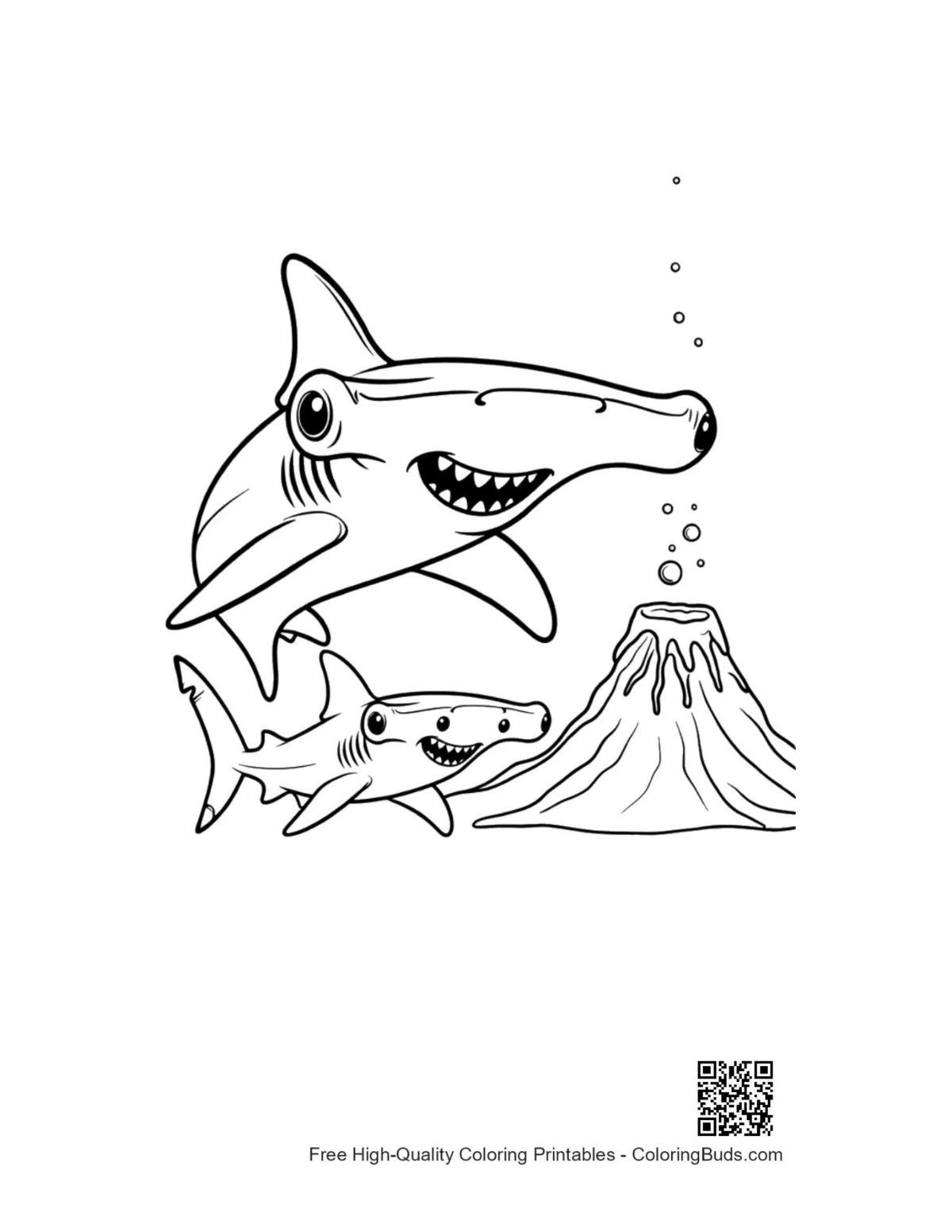 Cool hammerhead shark patrolling volcanic ocean printable