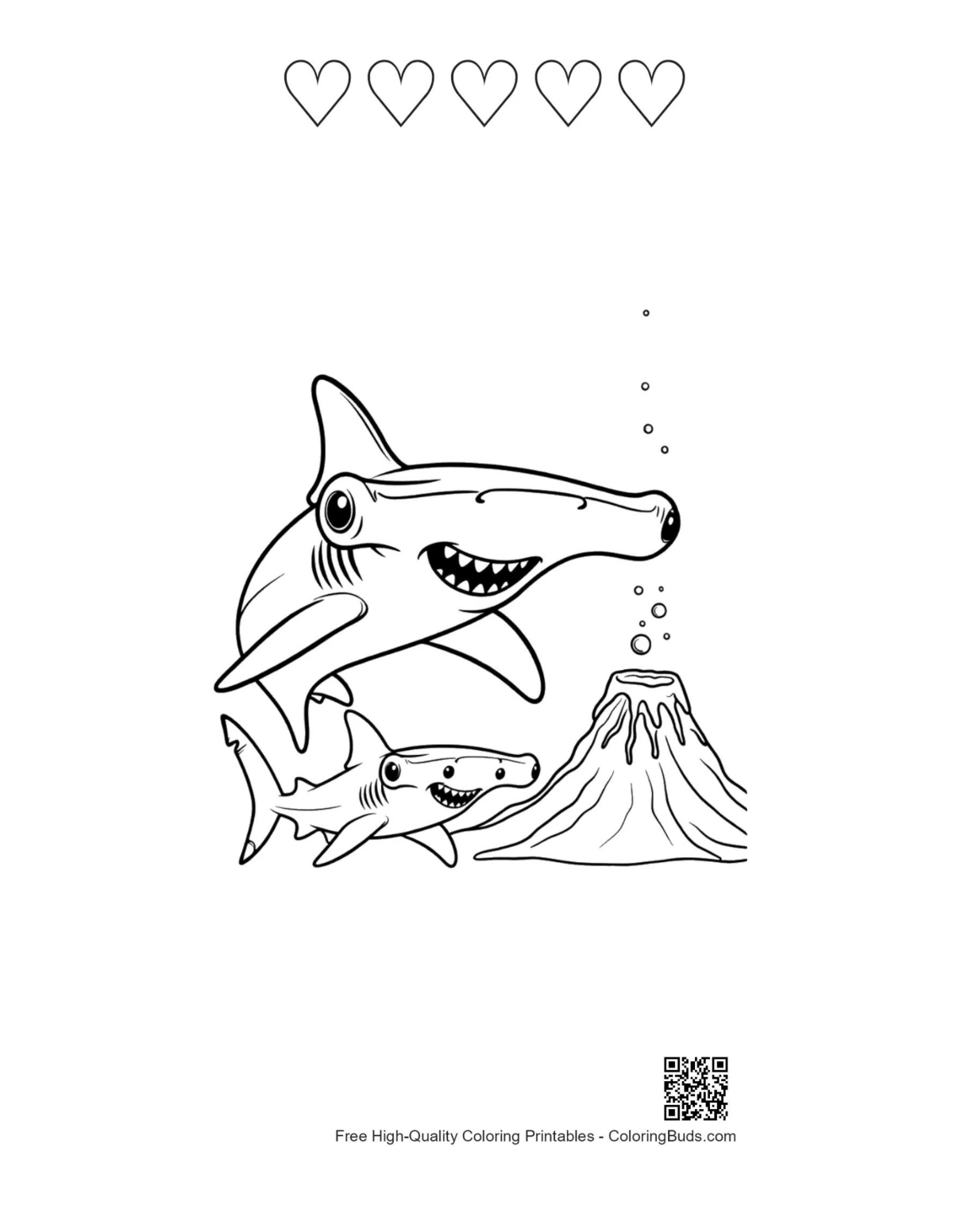Hammerhead shark ocean patrol with 5-heart outline printable