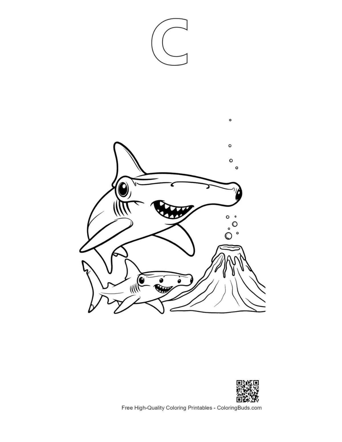 Hammerhead shark volcanic ocean with alphabet C outline printable