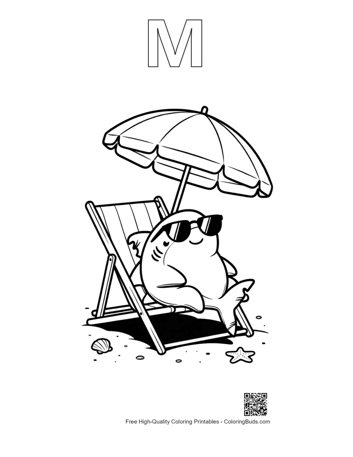Cute shark coloring page with alphabet M outline