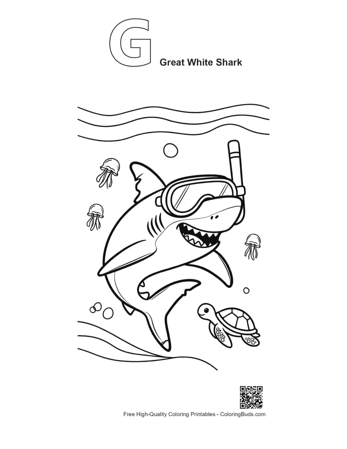 Cute great white shark alphabet G outline printable
