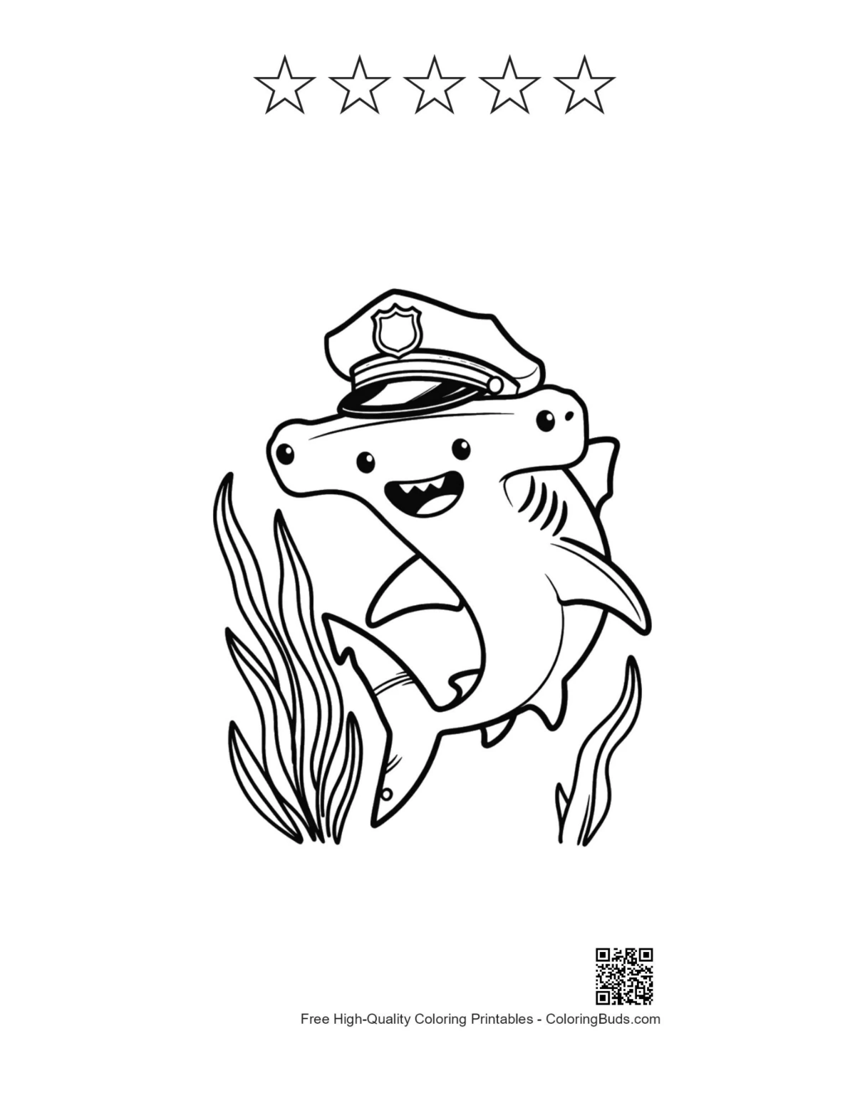 Cute hammerhead shark with 5 stars outline printable