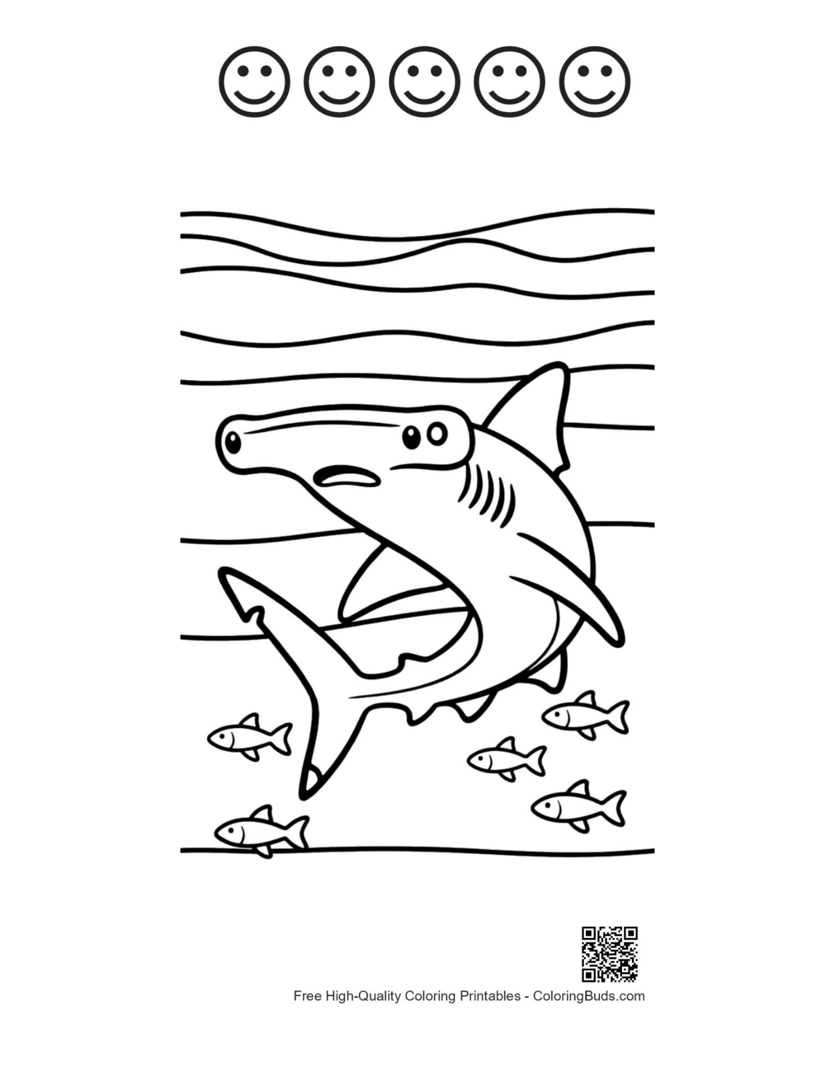 Cute hammerhead shark 5 happy faces outline printable