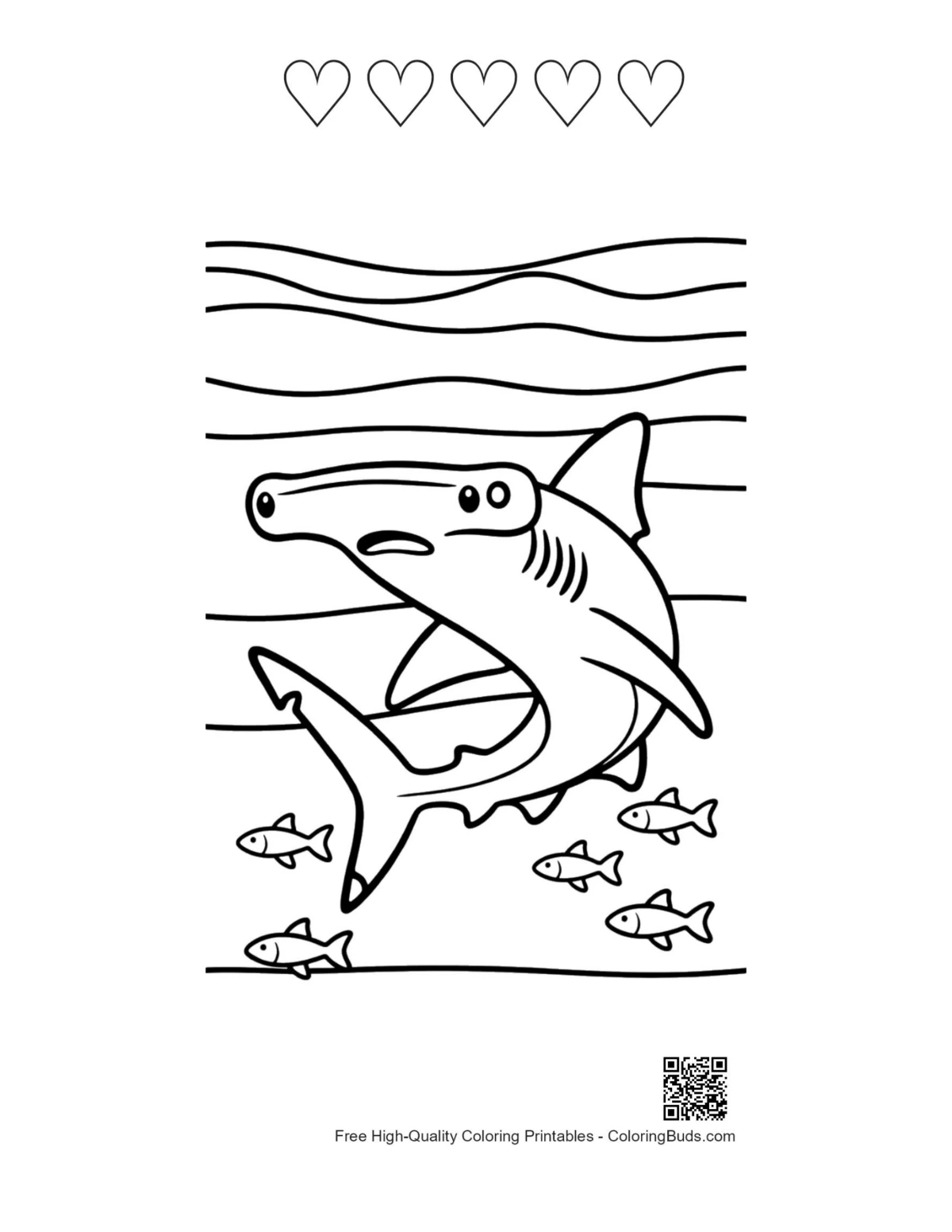 Cute hammerhead shark with 5 heart outlines printable