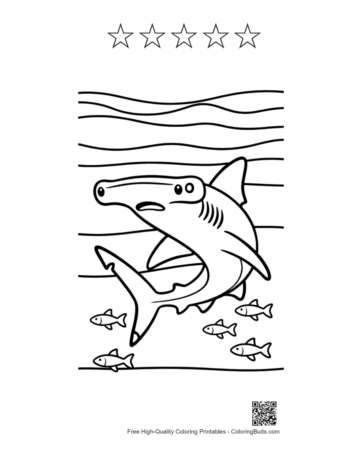 Cute hammerhead shark with 5 star outlines printable