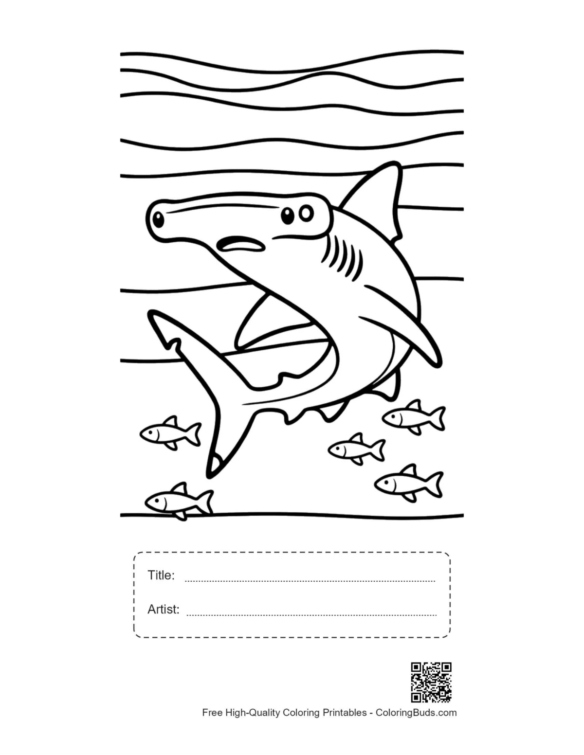 Cute hammerhead shark printable with title artist box