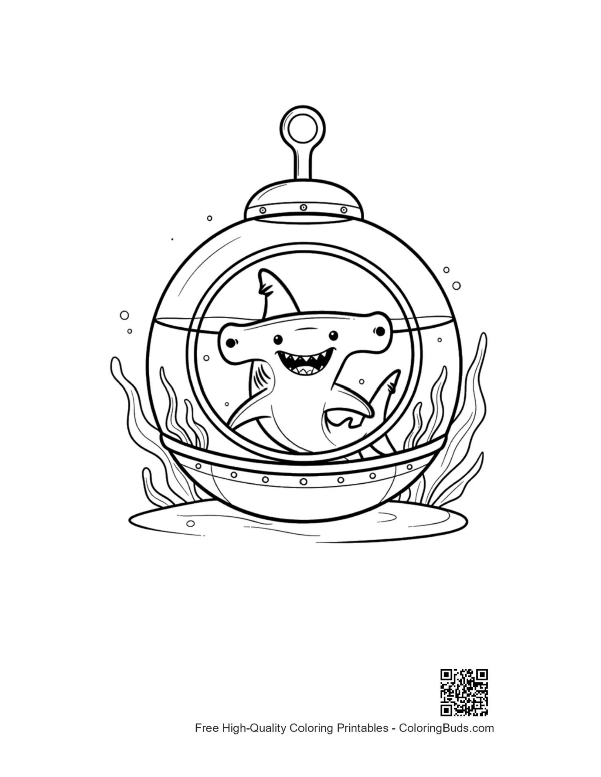 Cute Hammerhead shark waving in futuristic pod printable