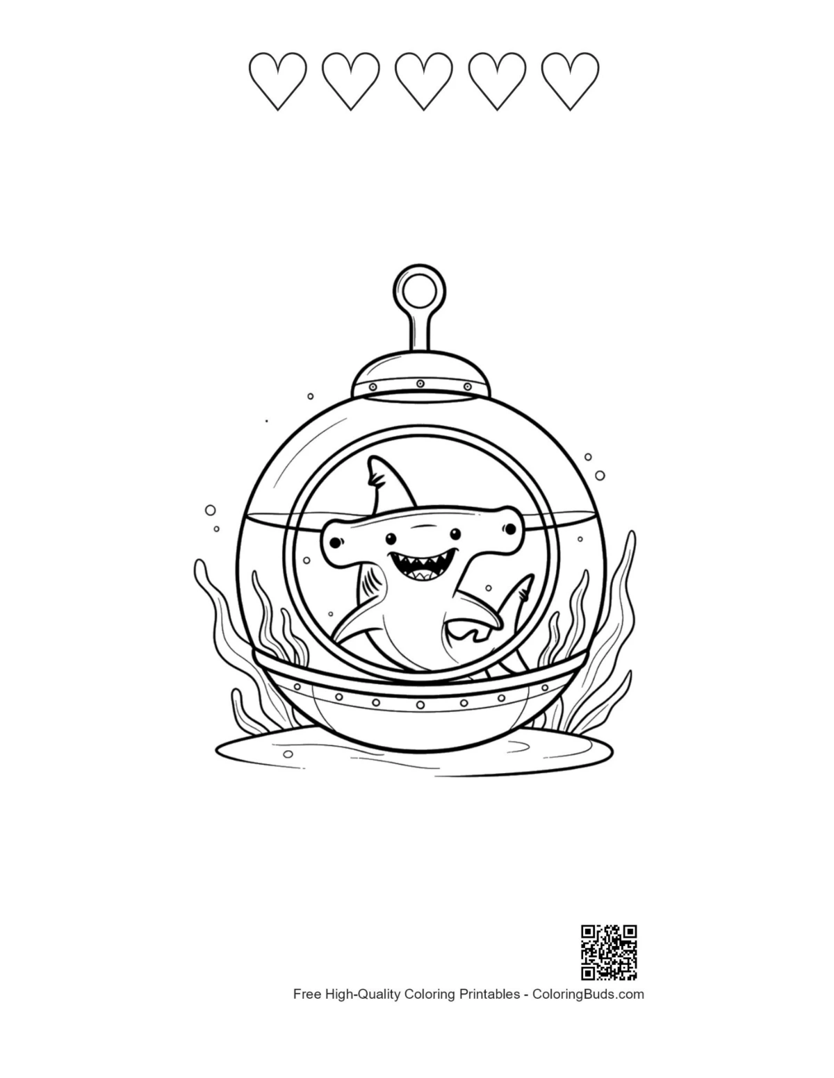 Cute Hammerhead shark printable with 5 heart outlines