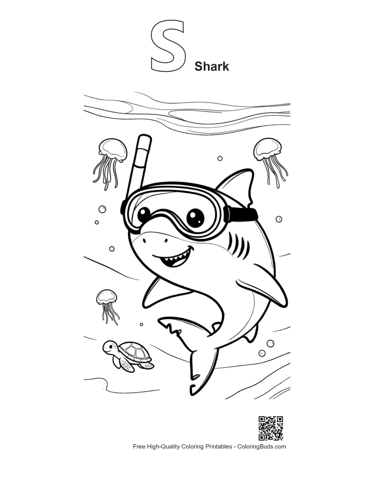 Great White Shark coloring with alphabet S outline