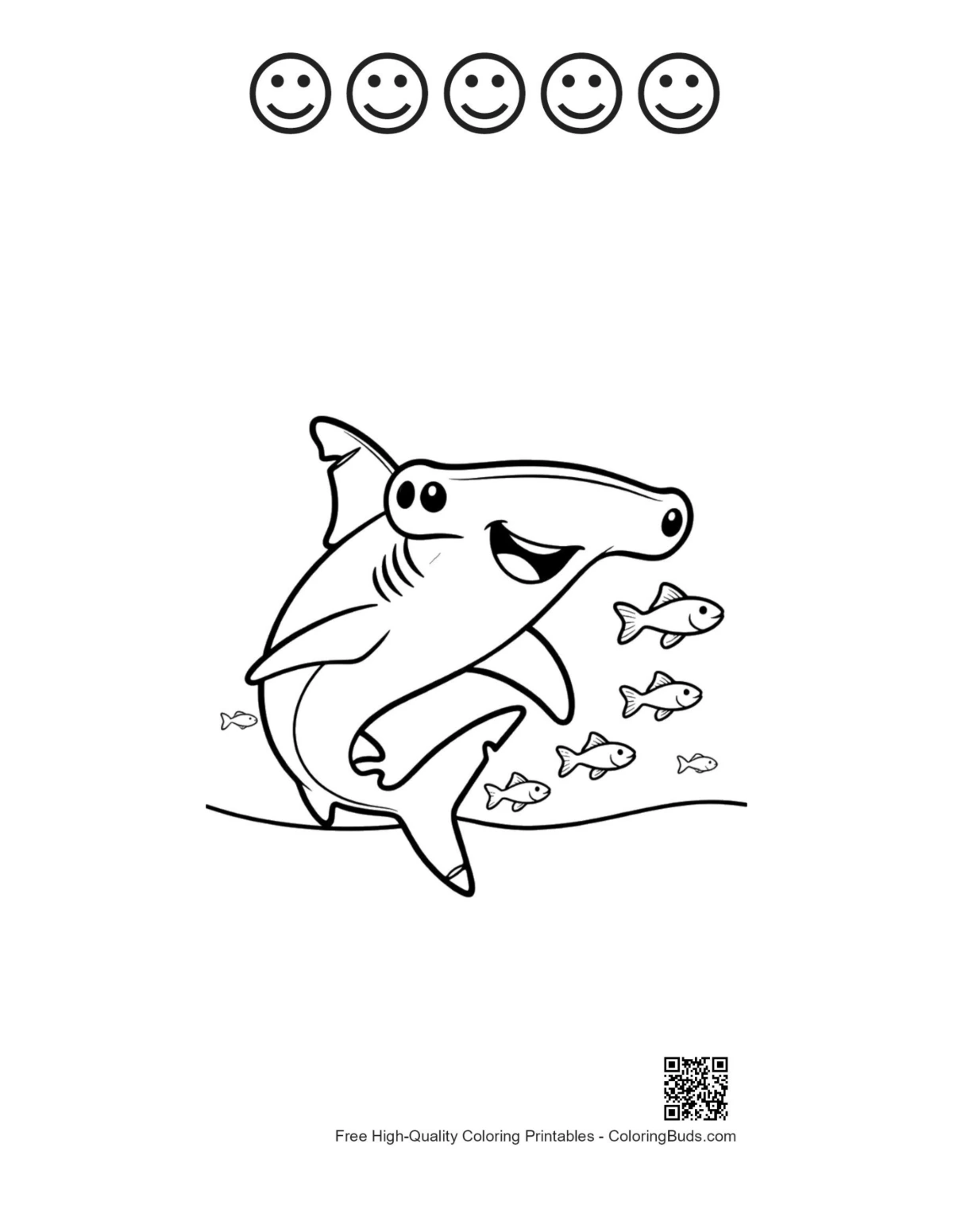 Hammerhead shark sheet with 5 happy faces