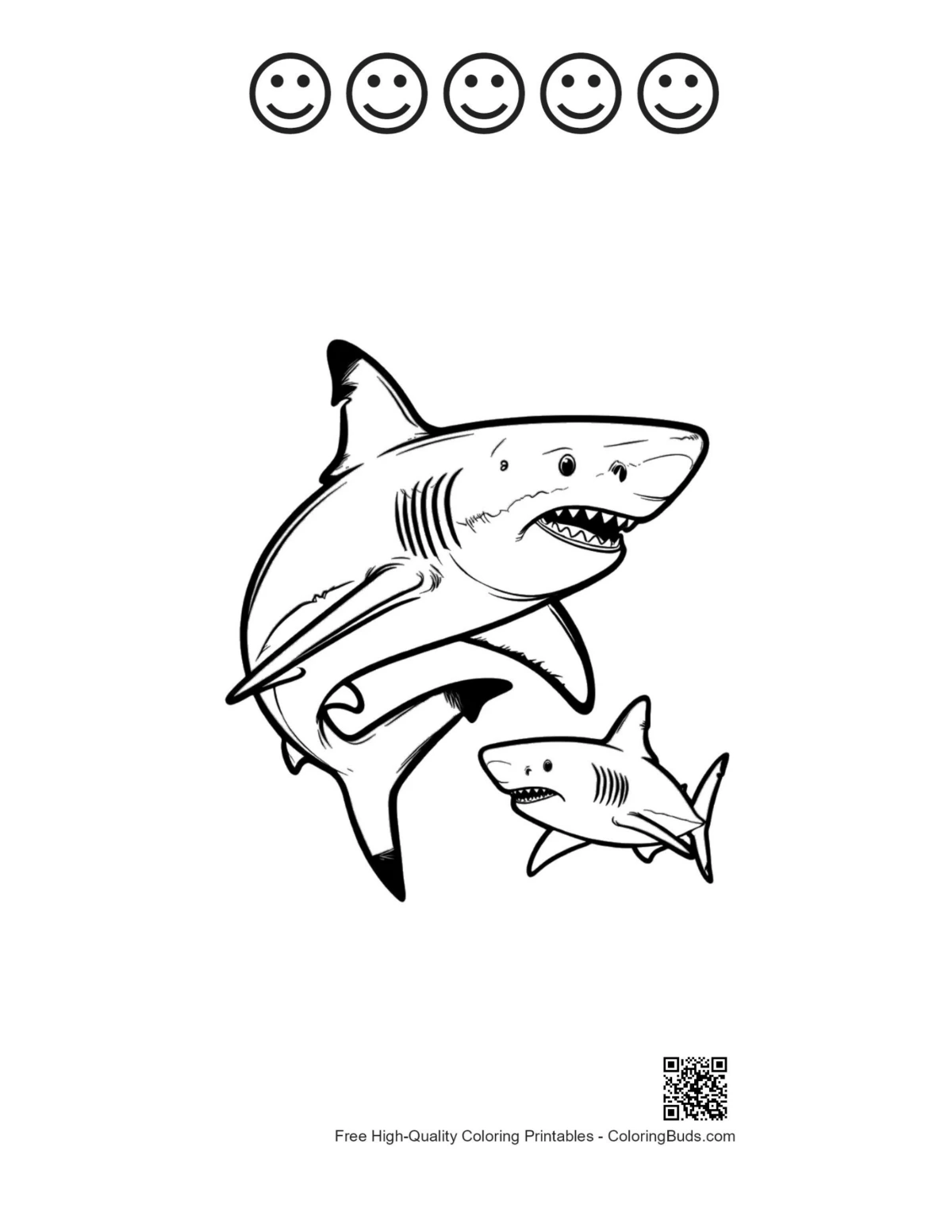 Printable great white shark design with 5 happy faces outline
