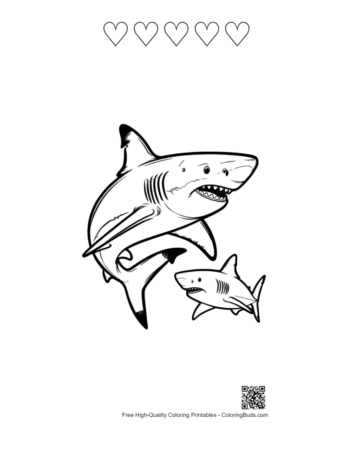 Fierce shark leaping printable with 5 heart shapes outline