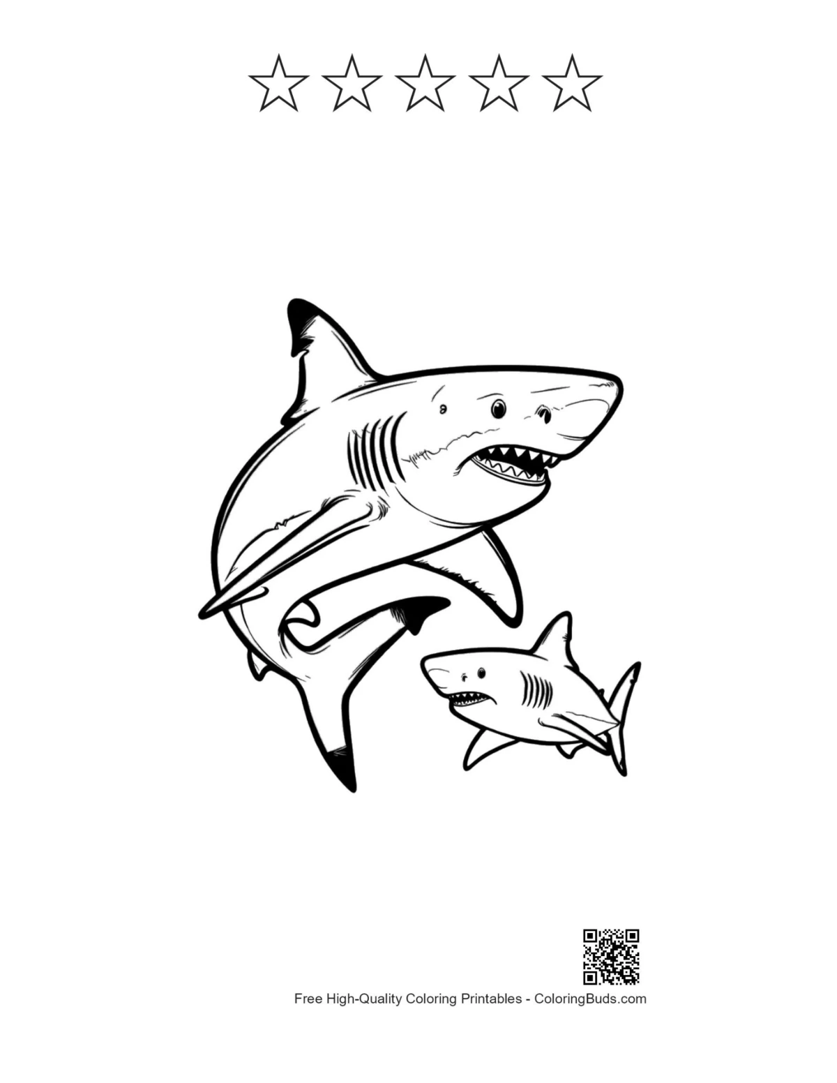 Fierce great white shark printable with 5 star rating outline