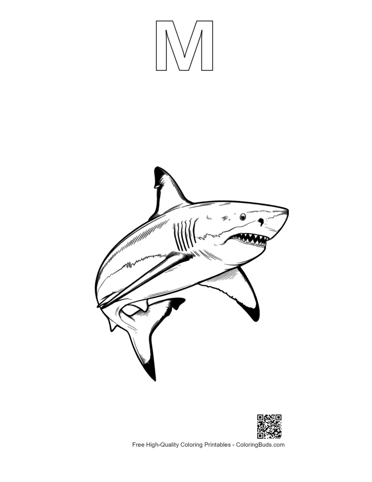 Shark leaping outline with alphabet M printable