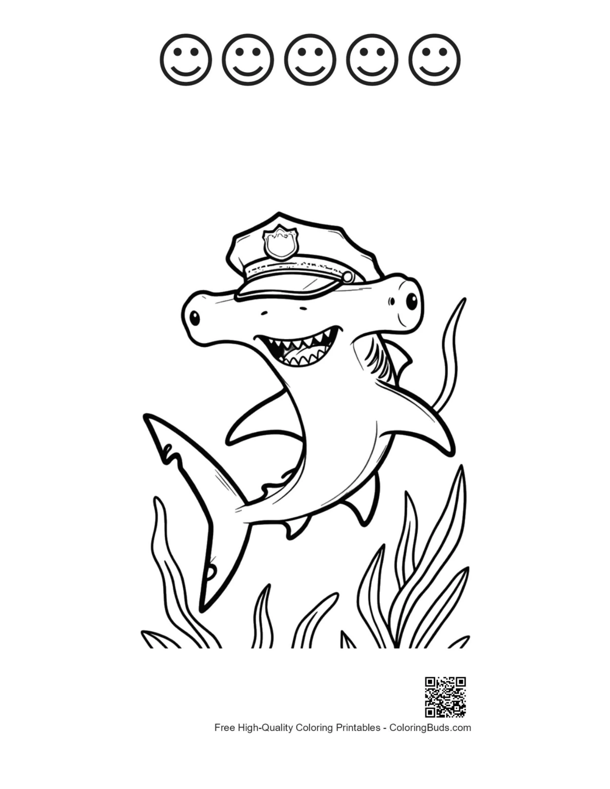 Hammerhead shark sheet with 5 happy face outlines for kids