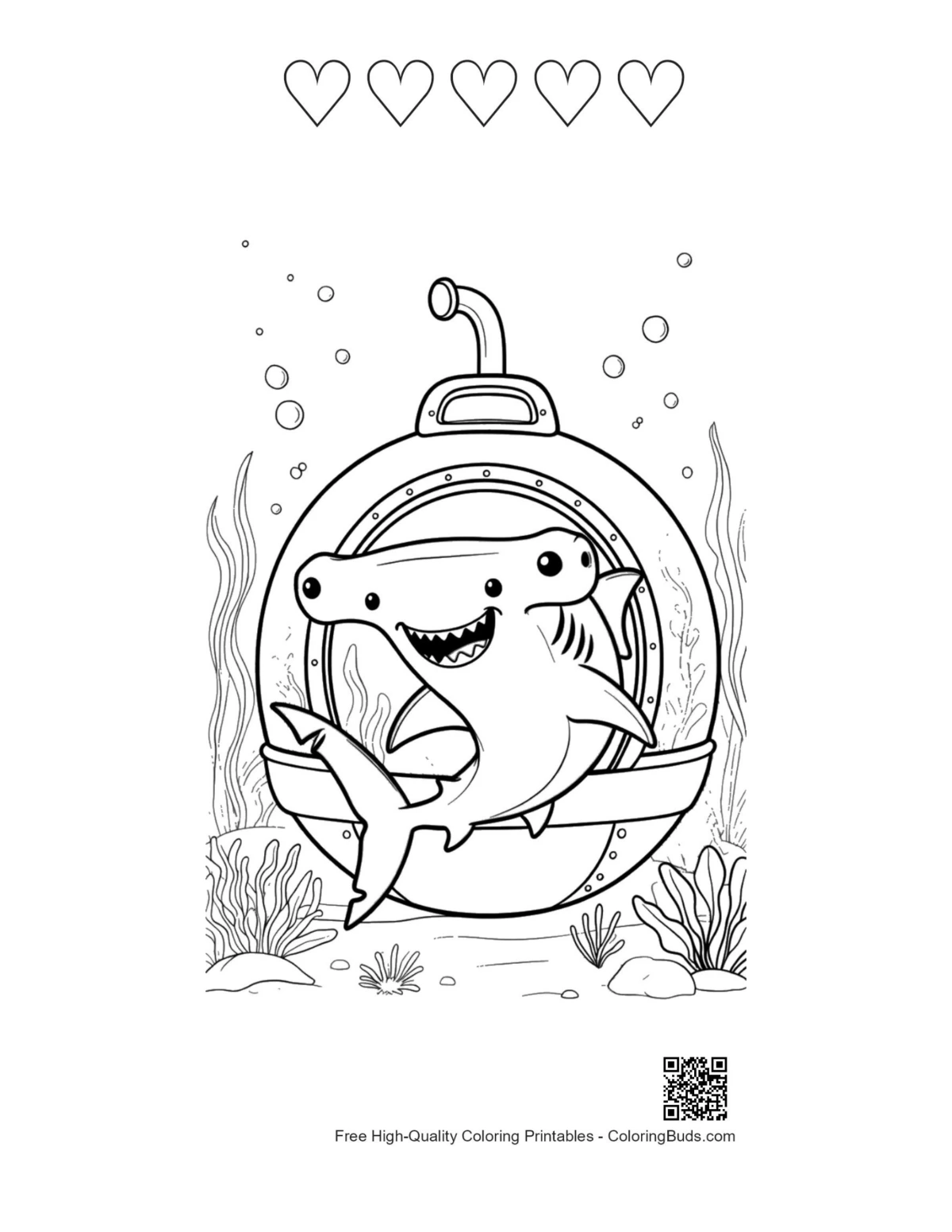 Hammerhead shark hearts printable outline