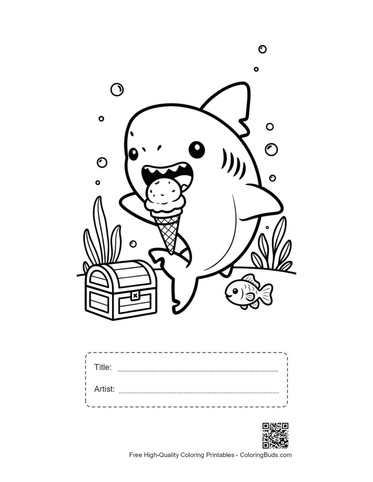 Printable great white shark page with title artist box