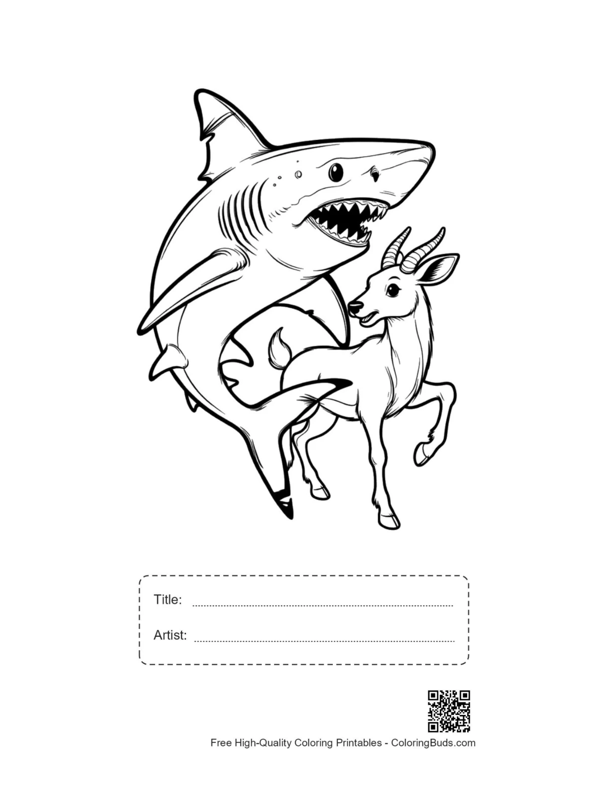 Printable great white shark scene with title box
