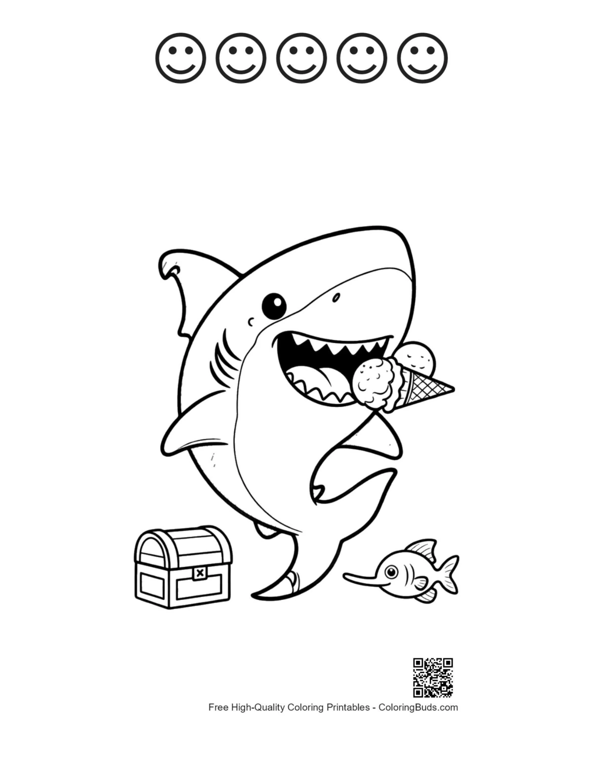 Great white shark printable with 5 happy face outlines