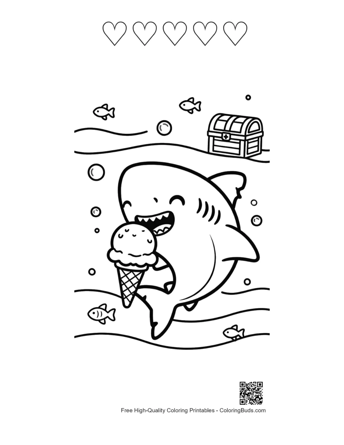 Great white shark printable with 5 heart outlines