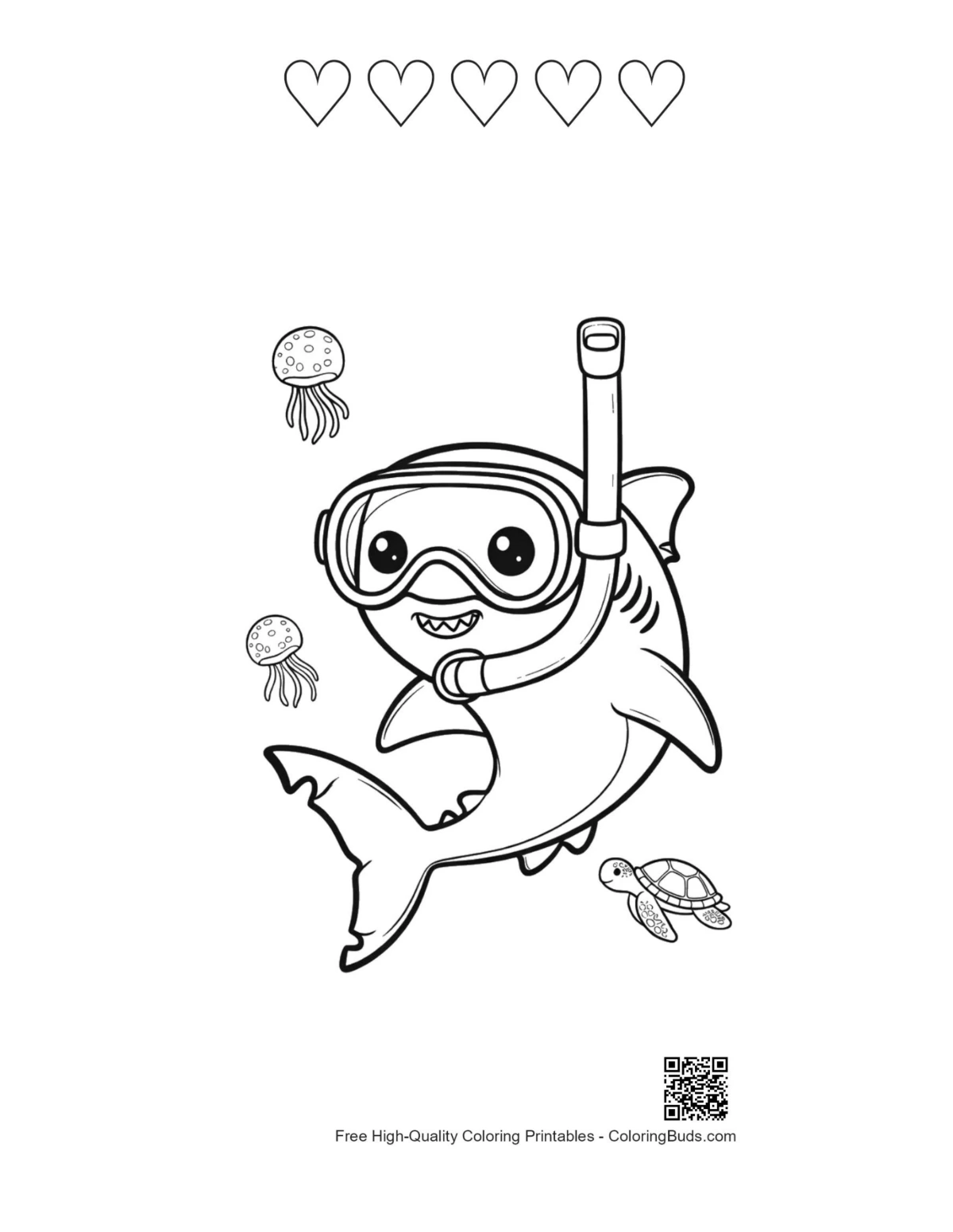 Great white shark with 5 hearts outline printable