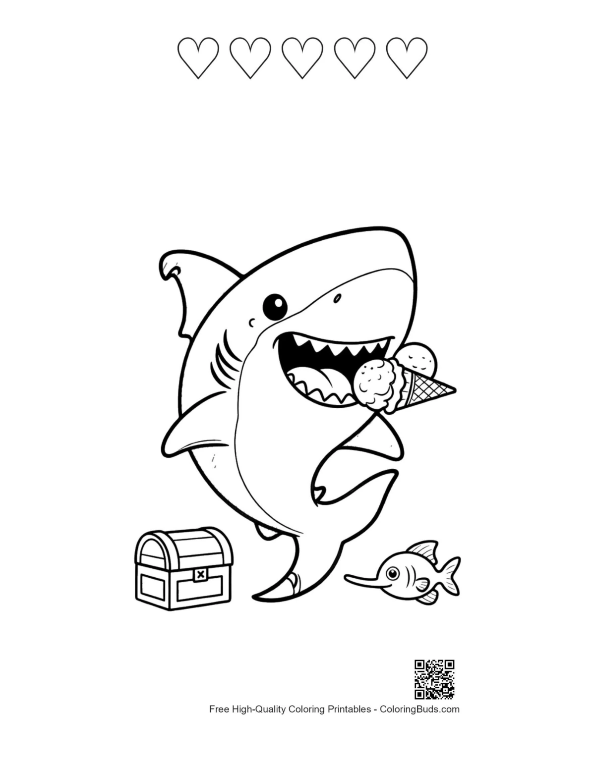Great white shark printable with 5 heart outlines design