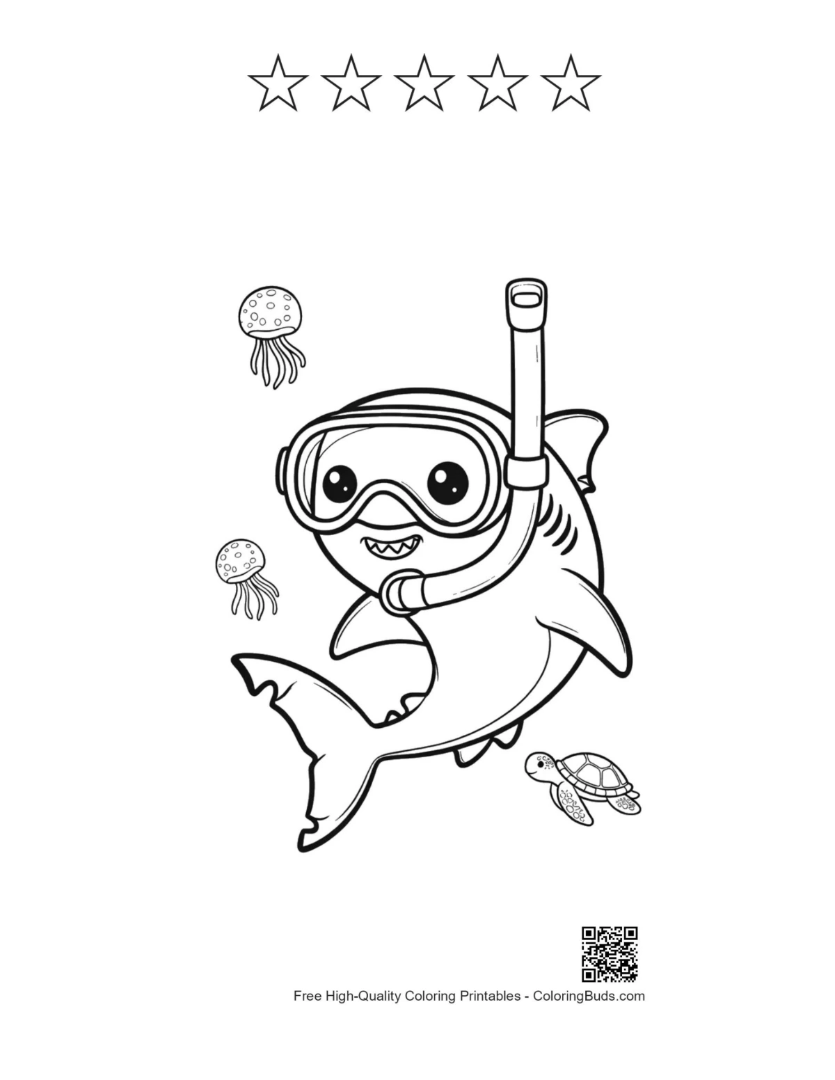 Great white shark with 5 stars outline printable