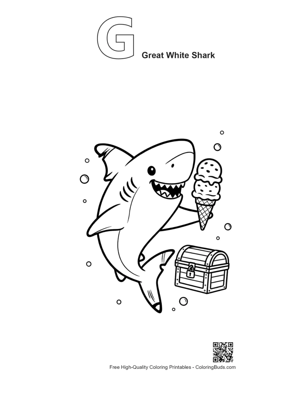 Alphabet G great white shark printable outline