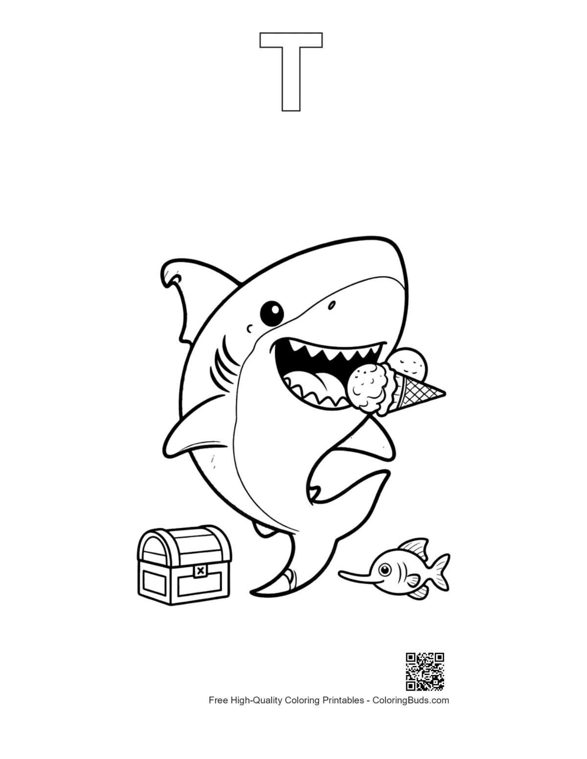 Great white shark printable outline shaped like alphabet letter T