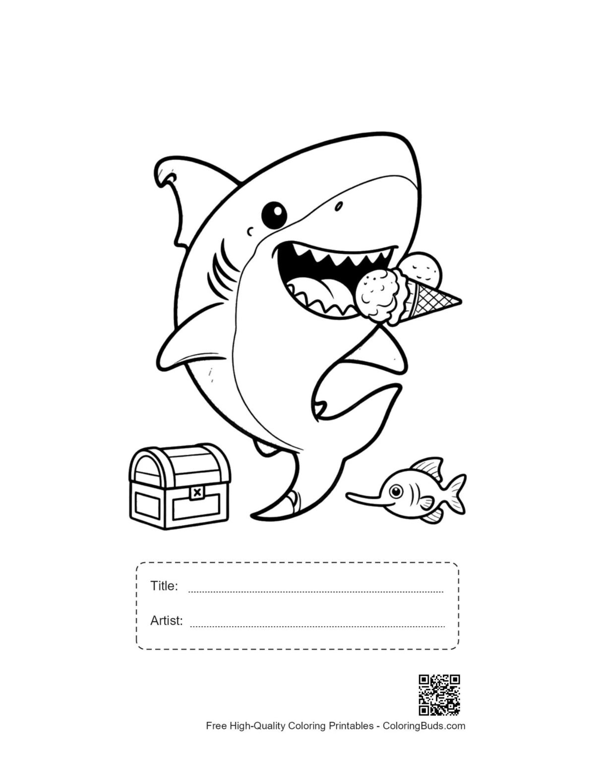 Great white shark printable with title and artist box outline