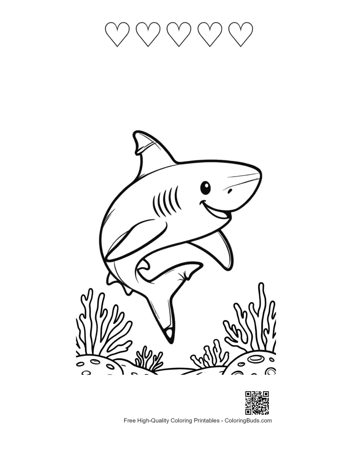Great white shark party hat with 5 hearts outline printable
