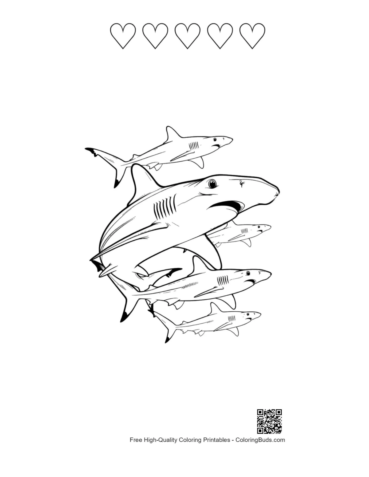 Hammerhead sharks printable with 5 heart outlines