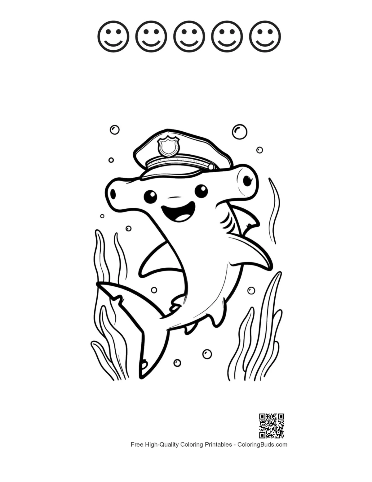 Hammerhead shark captain with 5 happy faces outline