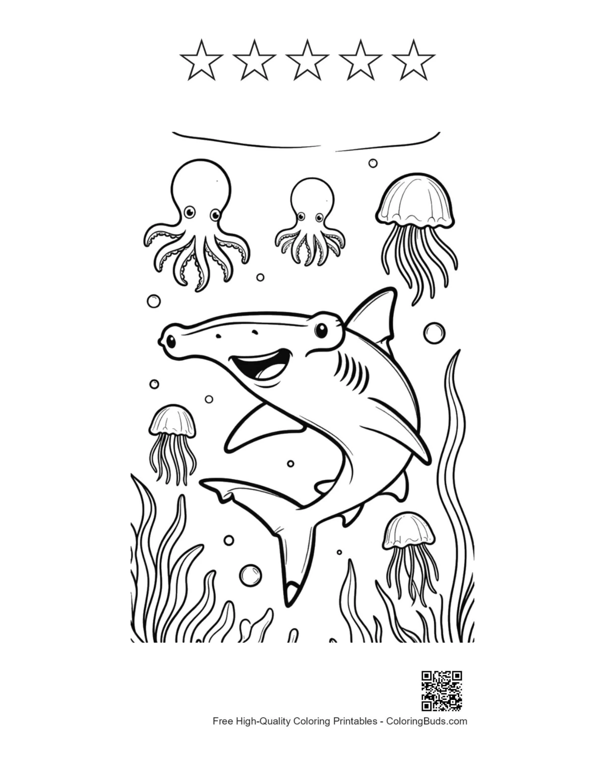 Hammerhead shark anemones printable with 5 stars outline