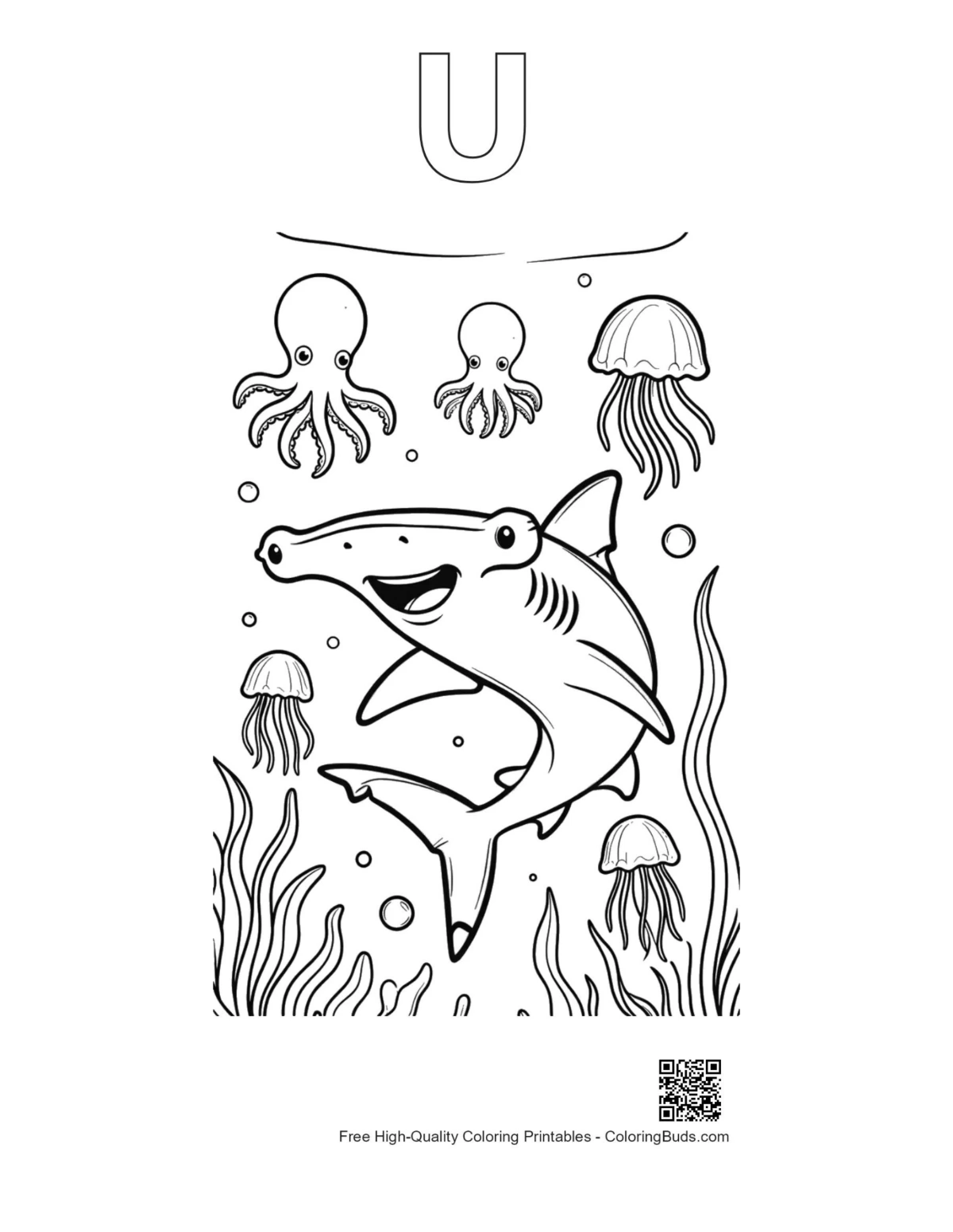 Hammerhead shark sea anemones printable alphabet U outline