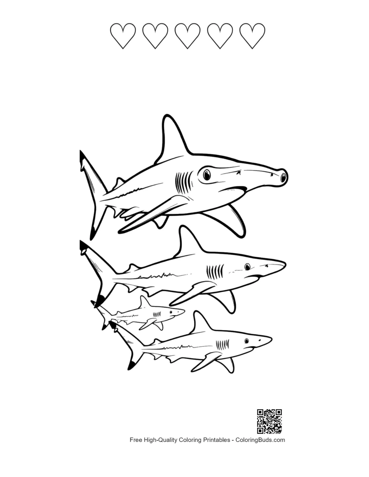 Hammerhead shark family with heart outlines printable