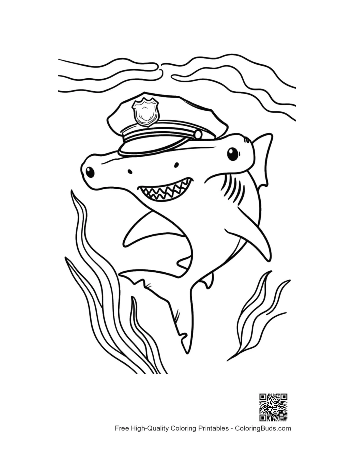 Hammerhead shark outline printable coloring page for kids