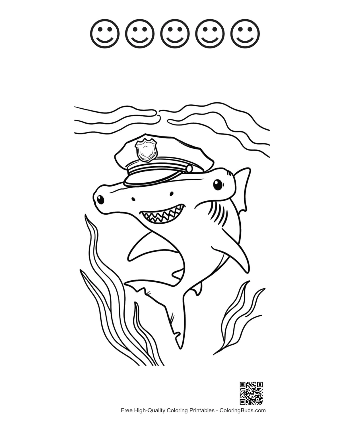 Cute hammerhead shark with 5 happy faces outline printable