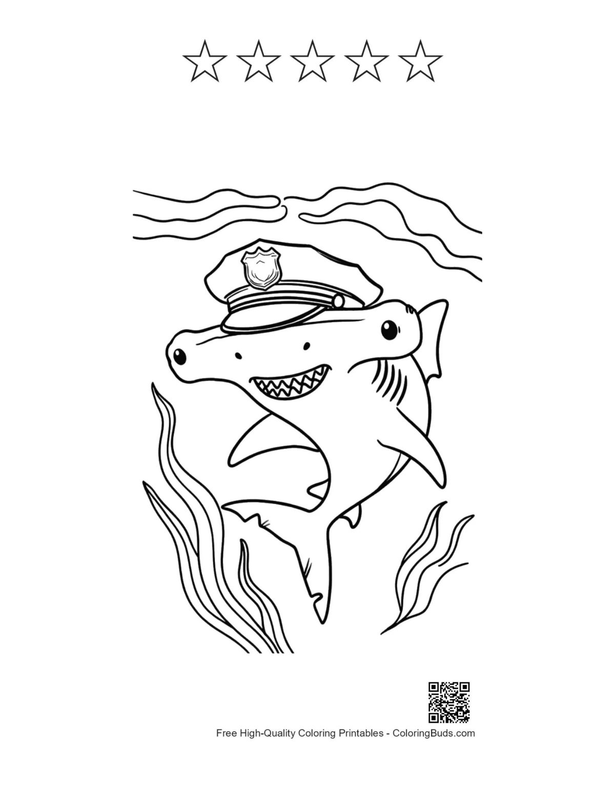 Hammerhead shark printable with 5-star outline for kids coloring