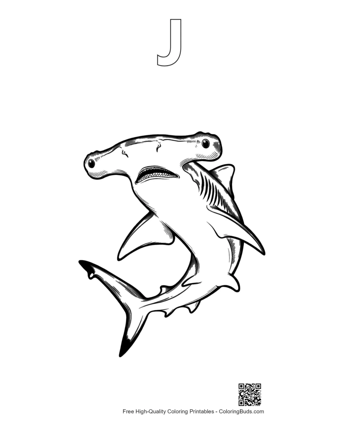 Hammerhead shark line art with alphabet J shape