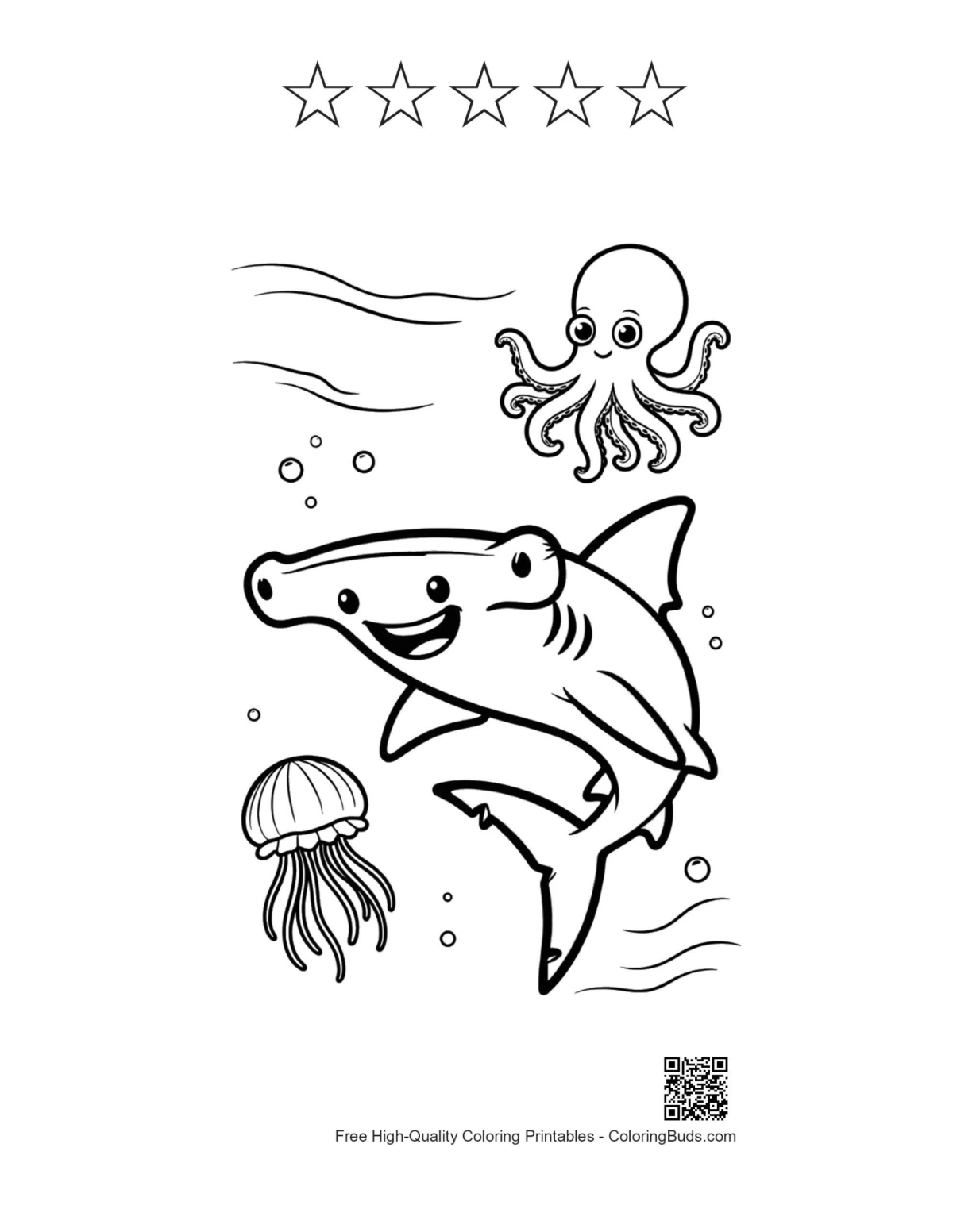 Hammerhead shark octopus printable with star outlines