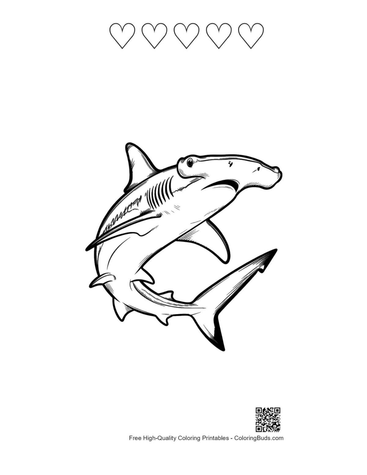Hammerhead shark sketch with five heart outlines