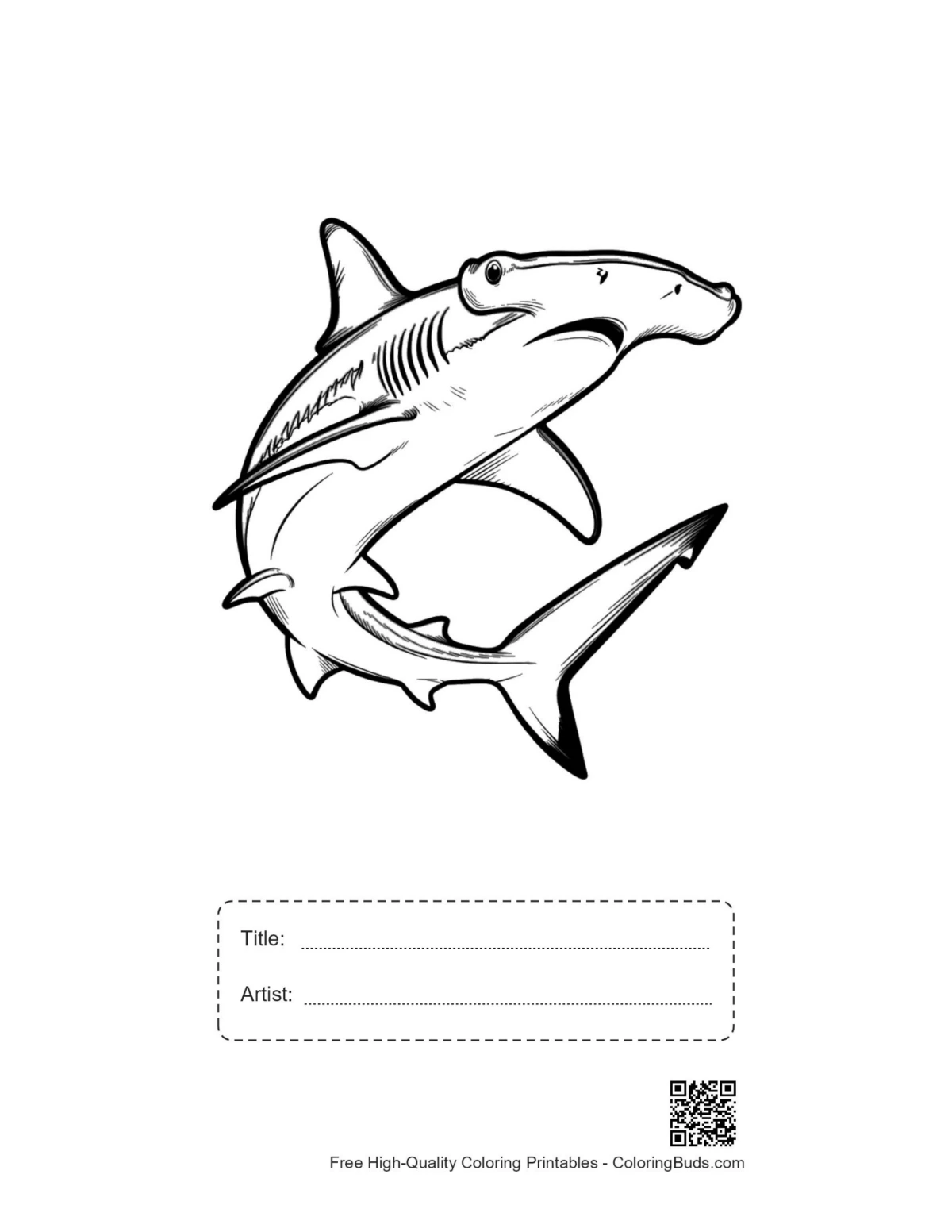 Printable hammerhead shark sketch with title and artist box