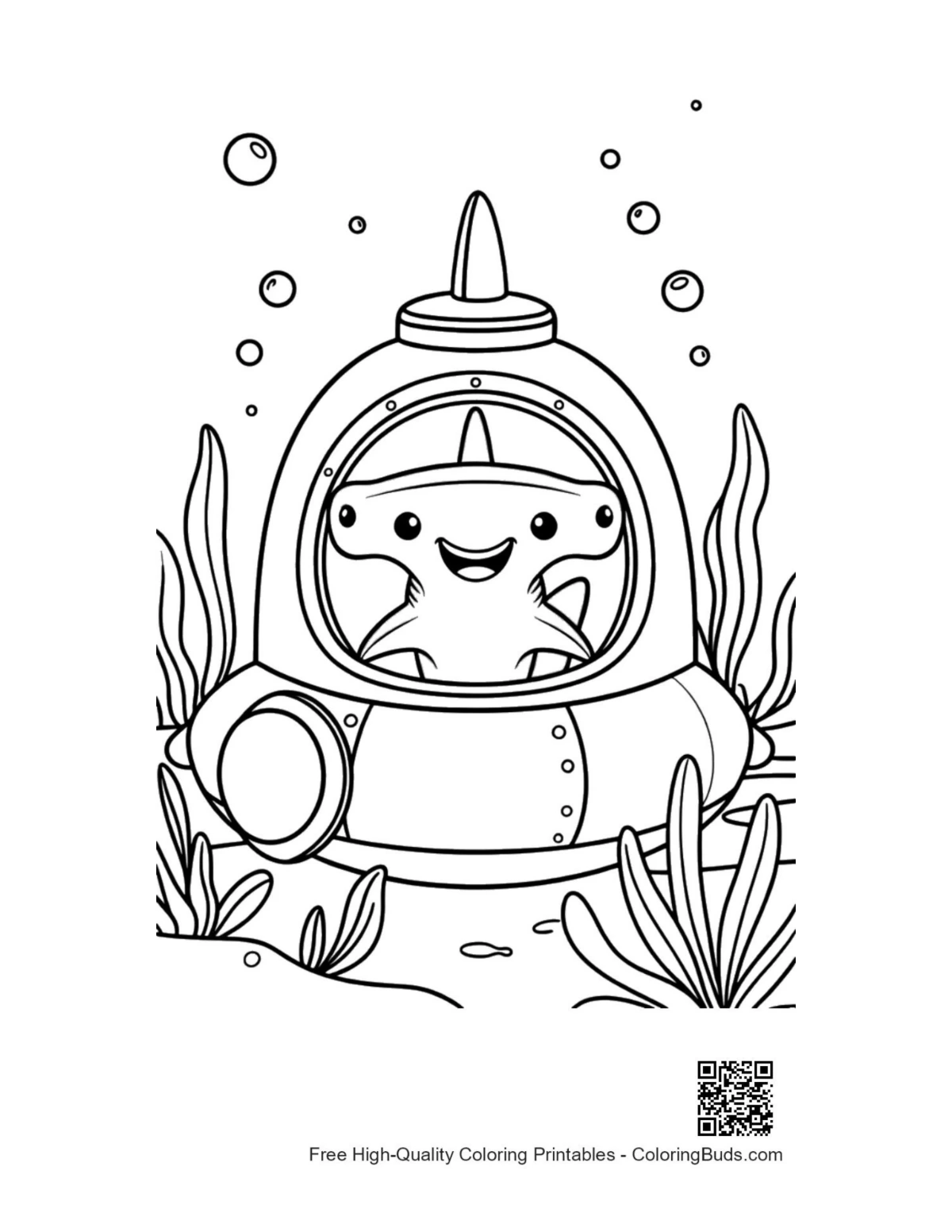 Hammerhead shark piloting submarine coloring printable
