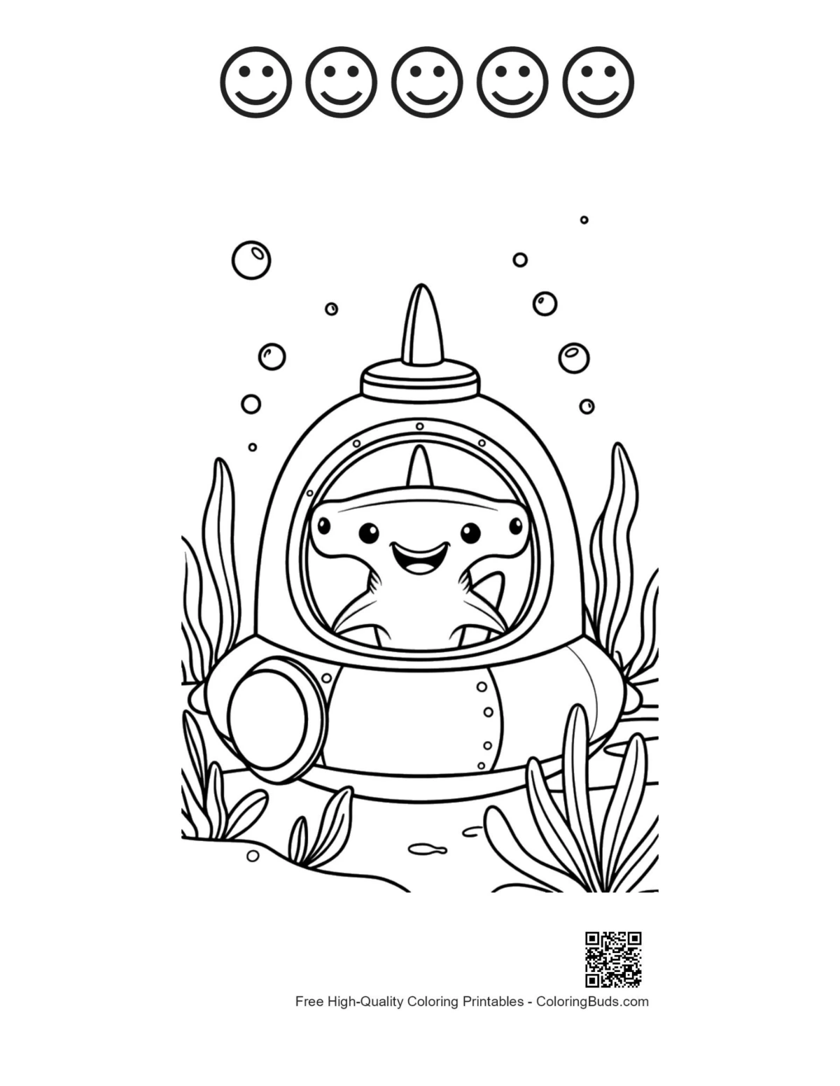 Hammerhead shark submarine 5 happy faces outline