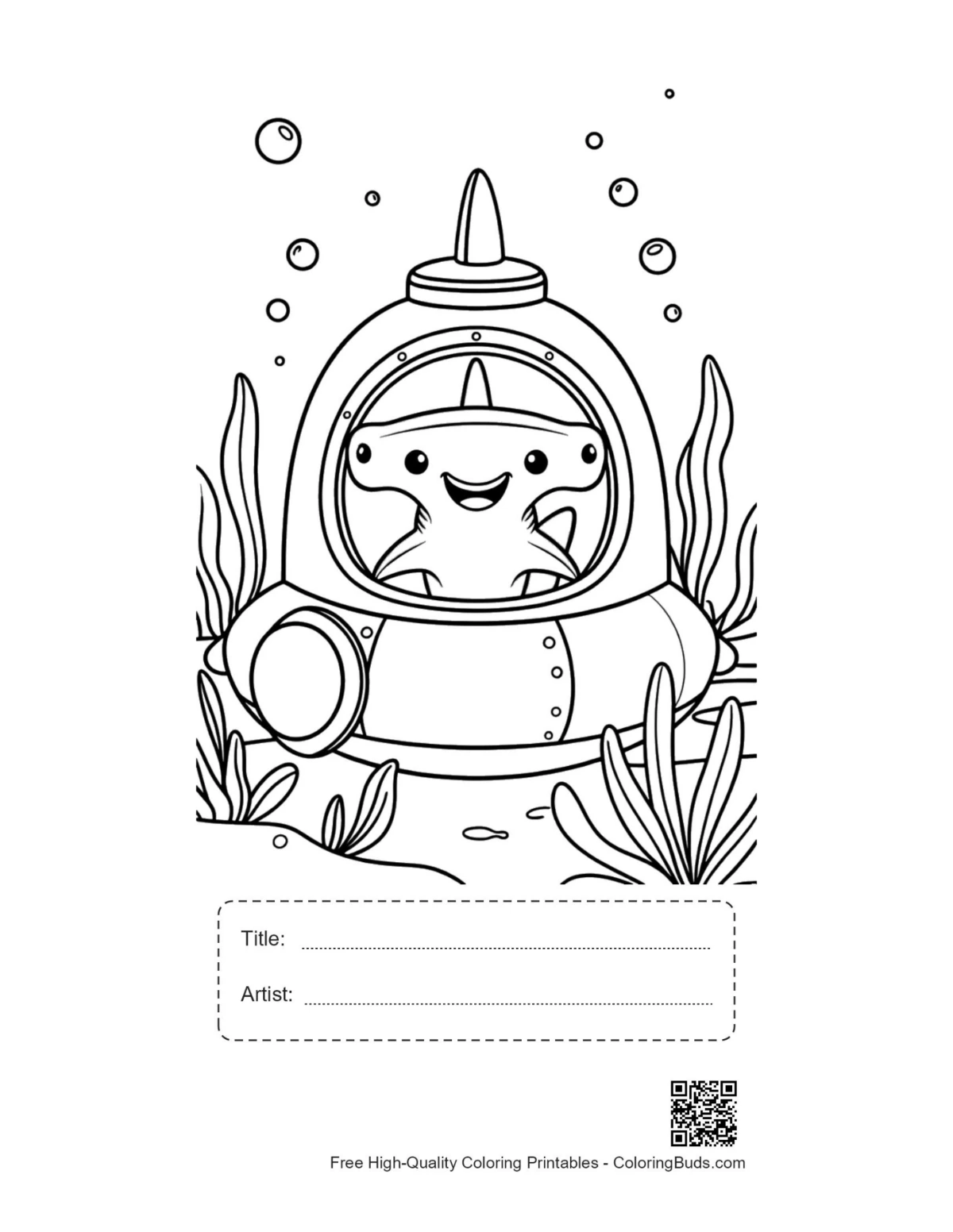Hammerhead shark submarine printable with title box