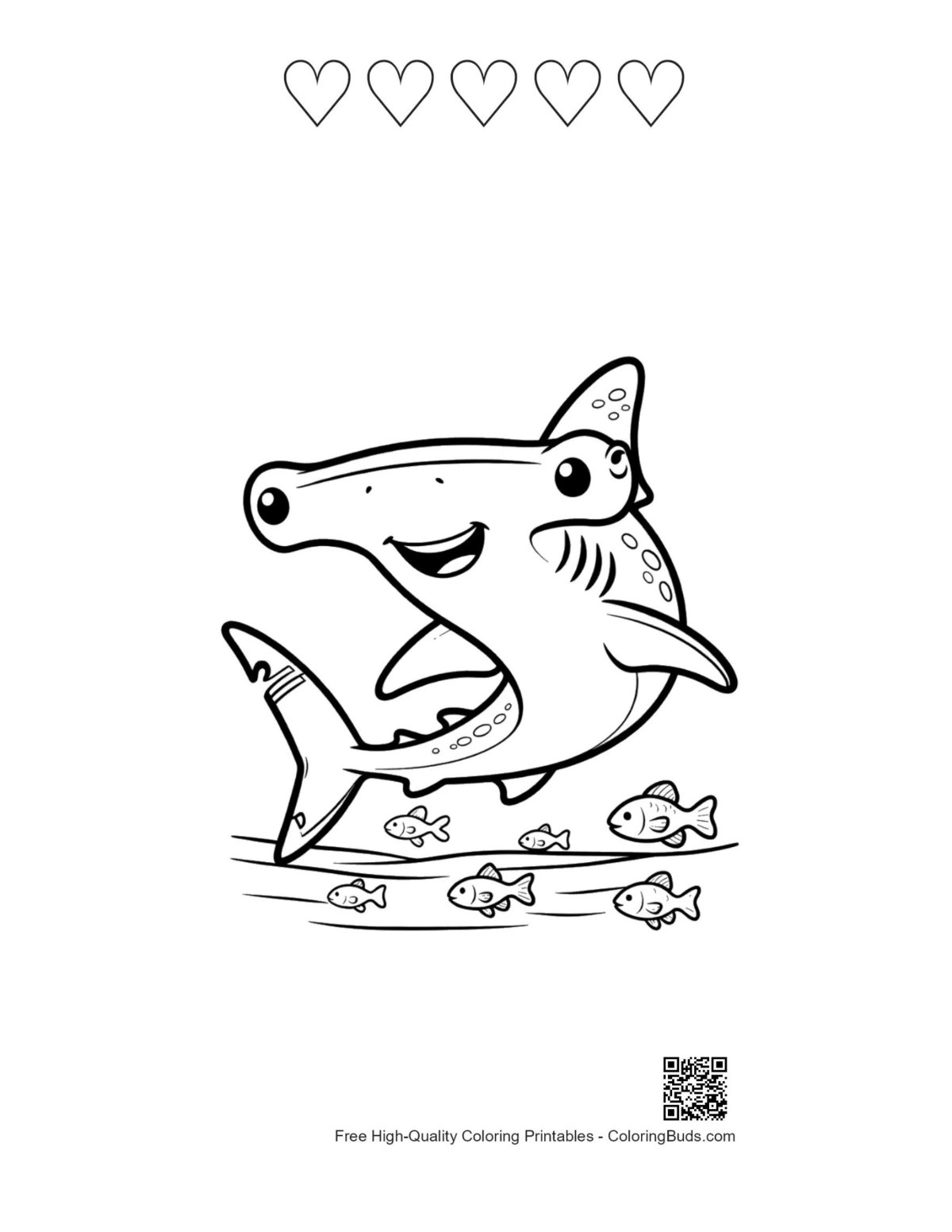 Hammerhead Shark sheet with 5 hearts outline