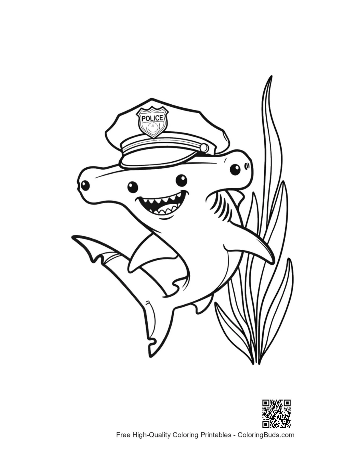 Happy hammerhead shark sailor hat printable coloring page