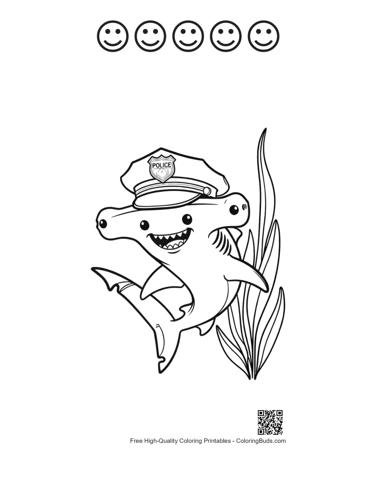 Hammerhead shark hat with 5 happy faces outline printable
