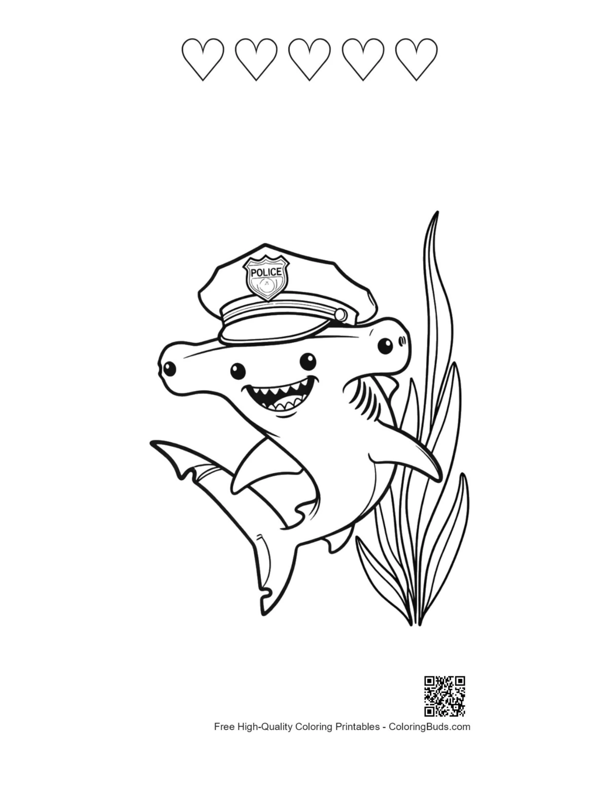 Hammerhead shark sailor hat 5 hearts outline coloring page